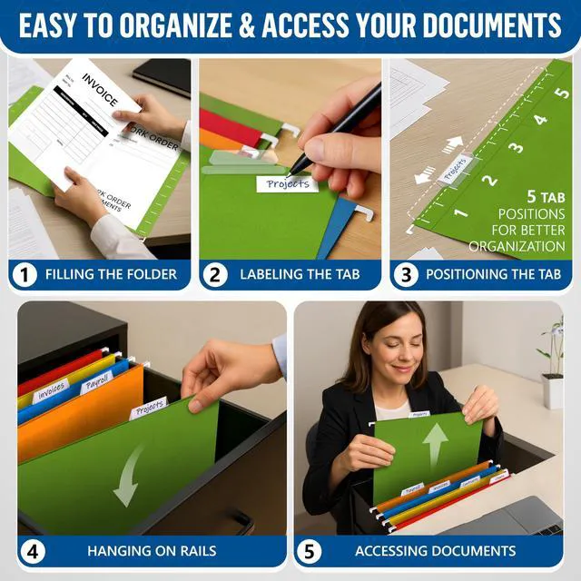 Alt view image 4 of 7 - 100 Pack Hanging File Folders Letter Size - File Folders Hanging with Tabs - File Cabinet Folders - Letter Size Hanging File Folder - Hanging Folders for Filing Cabinet - Colored Hanging File Folders