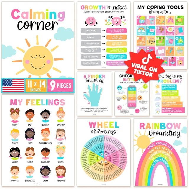 Main image of 9 Calming Corner Classroom Must Haves, Coping & Feelings Poster for Kids Calm Corner Posters with Emotions Chart, School Counselor Mental Health Posters, Feelings Wheel Calming Classroom Decor