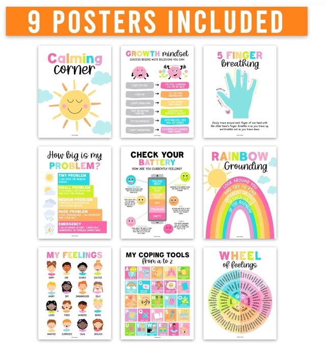 Alt view image 3 of 7 - 9 Calming Corner Classroom Must Haves, Coping & Feelings Poster for Kids Calm Corner Posters with Emotions Chart, School Counselor Mental Health Posters, Feelings Wheel Calming Classroom Decor