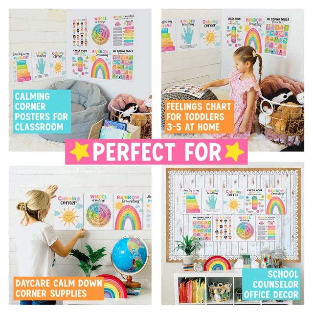 Alt view image 4 of 7 - 9 Calming Corner Classroom Must Haves, Coping & Feelings Poster for Kids Calm Corner Posters with Emotions Chart, School Counselor Mental Health Posters, Feelings Wheel Calming Classroom Decor