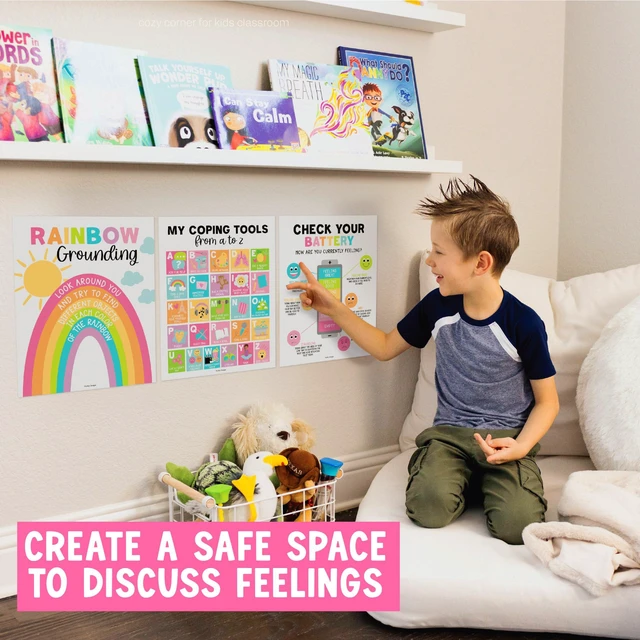 Alt view image 7 of 7 - 9 Calming Corner Classroom Must Haves, Coping & Feelings Poster for Kids Calm Corner Posters with Emotions Chart, School Counselor Mental Health Posters, Feelings Wheel Calming Classroom Decor