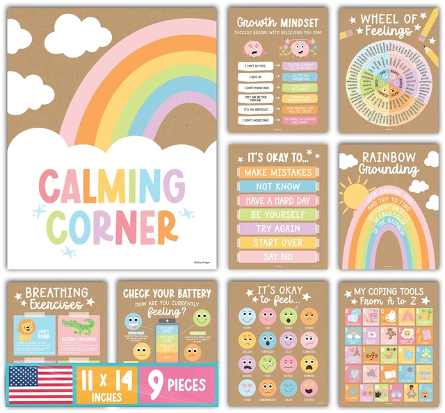 Main image of 9 Calming Corner Classroom Must Haves, Coping & Feelings Poster for Kids Calm Corner Posters with Emotions Chart, School Counselor Mental Health Posters, Feelings Wheel Calming Classroom Decor