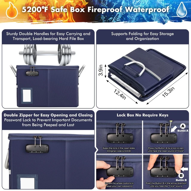 Alt view image 2 of 5 - 5200°F Fireproof Document Box, Fire Important Document Organizer with Lock, Upgraded Heat Insulated Filing Storage Cabinet Office Organization (5200°F Fireproof Box, Blue)