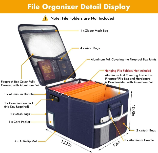 Alt view image 3 of 5 - 5200°F Fireproof Document Box, Fire Important Document Organizer with Lock, Upgraded Heat Insulated Filing Storage Cabinet Office Organization (5200°F Fireproof Box, Blue)