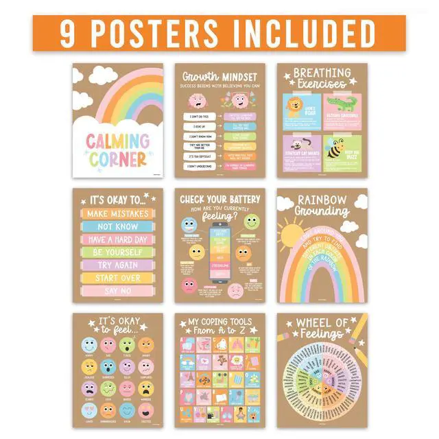 Alt view image 3 of 7 - 9 Calming Corner Classroom Must Haves, Coping & Feelings Poster for Kids Calm Corner Posters with Emotions Chart, School Counselor Mental Health Posters, Feelings Wheel Calming Classroom Decor
