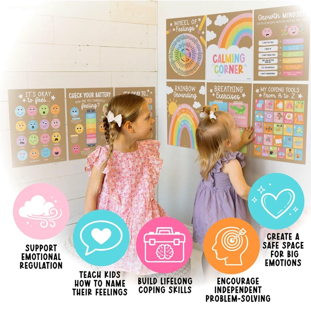 Alt view image 5 of 7 - 9 Calming Corner Classroom Must Haves, Coping & Feelings Poster for Kids Calm Corner Posters with Emotions Chart, School Counselor Mental Health Posters, Feelings Wheel Calming Classroom Decor
