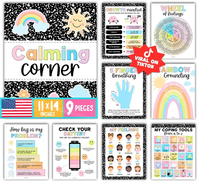 Main image of 9 Calming Corner Classroom Must Haves, Coping & Feelings Poster for Kids Calm Corner Posters with Emotions Chart, School Counselor Mental Health Posters, Feelings Wheel Calming Classroom Decor