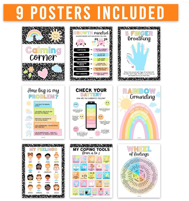 Alt view image 3 of 7 - 9 Calming Corner Classroom Must Haves, Coping & Feelings Poster for Kids Calm Corner Posters with Emotions Chart, School Counselor Mental Health Posters, Feelings Wheel Calming Classroom Decor