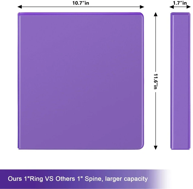 Alt view image 2 of 7 - Sturdy 1 Inch Slant-D Ring 3 Ring Binder with Clear View Cover 1"Heavy Duty Slant-D Ring,PVC-Free 2.4mm Board,Holds 225 Letter Sheets,Commercial Bulk for Corporate Offices,6 Pack (Purple)