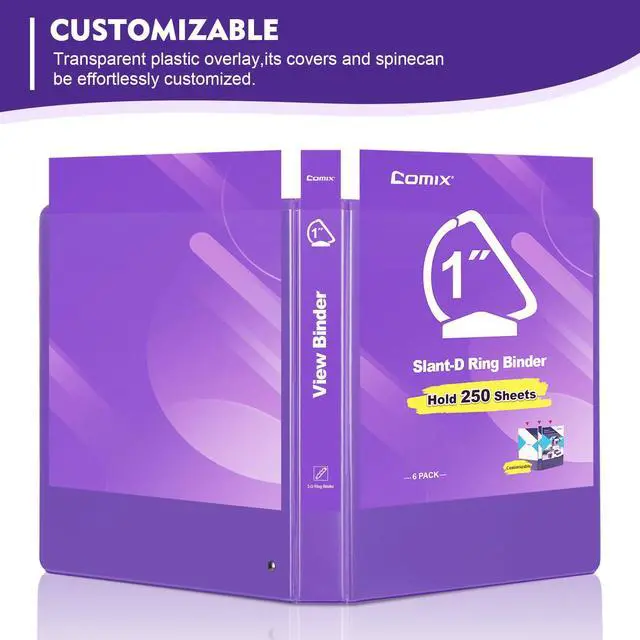 Alt view image 6 of 7 - Sturdy 1 Inch Slant-D Ring 3 Ring Binder with Clear View Cover 1"Heavy Duty Slant-D Ring,PVC-Free 2.4mm Board,Holds 225 Letter Sheets,Commercial Bulk for Corporate Offices,6 Pack (Purple)
