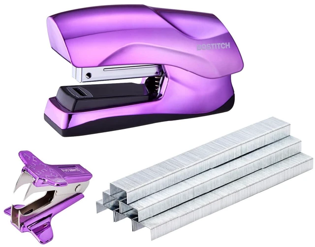 Main image of Heavy Duty Stapler Value Pack, 40 Sheet Capacity, Metallic Purple Half-strip, flat-clinch design opens fully for tacking bulletin boards; includes a staple remover and 1250 staples