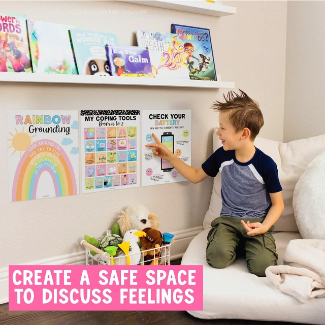 Alt view image 7 of 7 - 9 Calming Corner Classroom Must Haves, Coping & Feelings Poster for Kids Calm Corner Posters with Emotions Chart, School Counselor Mental Health Posters, Feelings Wheel Calming Classroom Decor