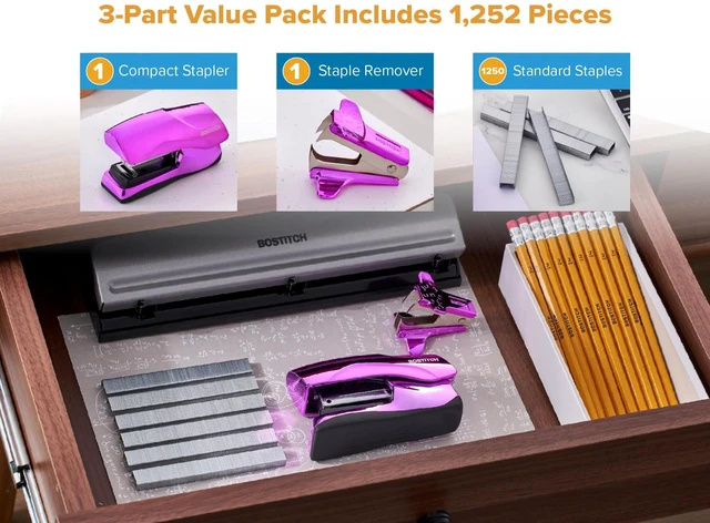 Alt view image 2 of 7 - Heavy Duty Stapler Value Pack, 40 Sheet Capacity, Metallic Purple Half-strip, flat-clinch design opens fully for tacking bulletin boards; includes a staple remover and 1250 staples
