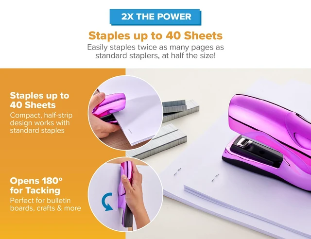 Alt view image 3 of 7 - Heavy Duty Stapler Value Pack, 40 Sheet Capacity, Metallic Purple Half-strip, flat-clinch design opens fully for tacking bulletin boards; includes a staple remover and 1250 staples
