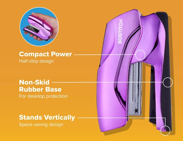 Alt view image 4 of 7 - Heavy Duty Stapler Value Pack, 40 Sheet Capacity, Metallic Purple Half-strip, flat-clinch design opens fully for tacking bulletin boards; includes a staple remover and 1250 staples