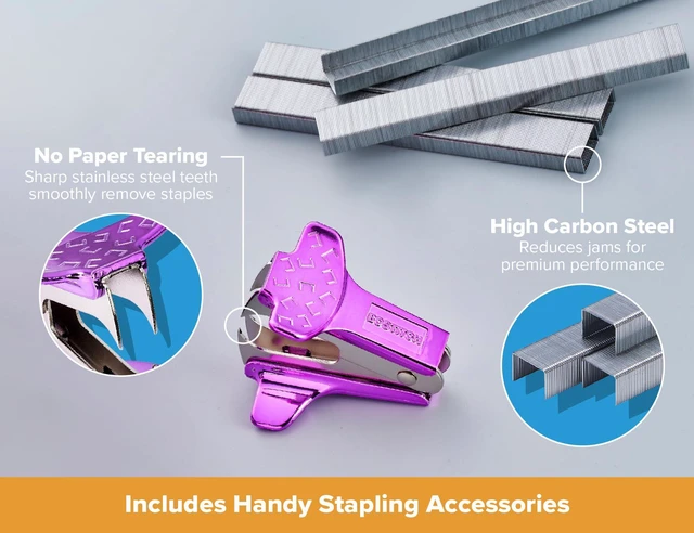 Alt view image 6 of 7 - Heavy Duty Stapler Value Pack, 40 Sheet Capacity, Metallic Purple Half-strip, flat-clinch design opens fully for tacking bulletin boards; includes a staple remover and 1250 staples