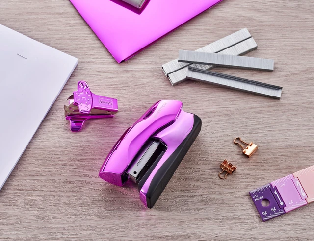 Alt view image 7 of 7 - Heavy Duty Stapler Value Pack, 40 Sheet Capacity, Metallic Purple Half-strip, flat-clinch design opens fully for tacking bulletin boards; includes a staple remover and 1250 staples