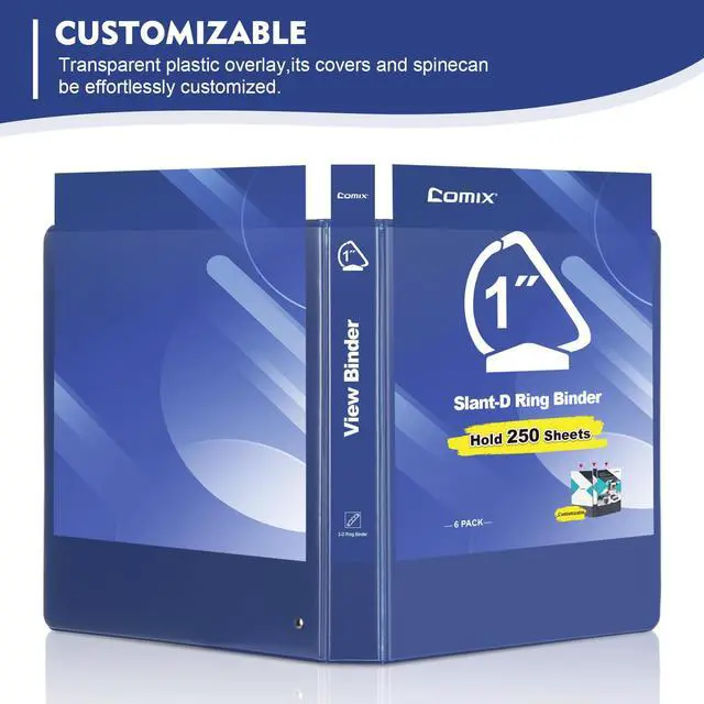 Alt view image 6 of 7 - Sturdy 1 Inch Slant-D Ring 3 Ring Binder with Clear View Cover 1"Heavy Duty Slant-D Ring,PVC-Free 2.4mm Board,Holds 225 Letter Sheets,Commercial Bulk for Corporate Offices,6 Pack (Blue)