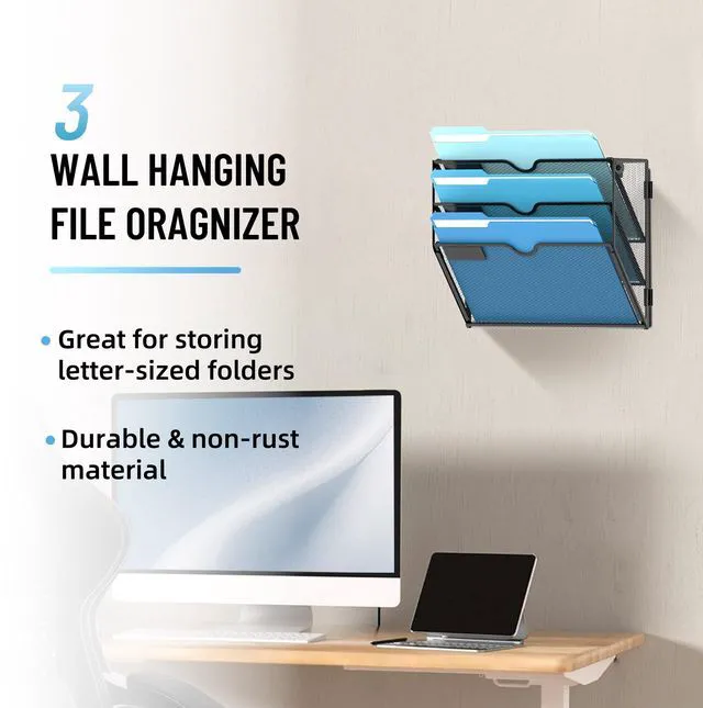 Alt view image 2 of 7 - 3-Tier Hanging Wall File Organizer with Hooks for Office Organization Mesh Wall File Holder, Mail Organizer Wall Mounted for Papers, Documents, Folders and Magazines in Home Office, Classroom
