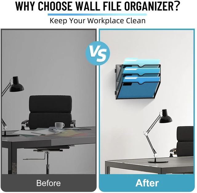 Alt view image 6 of 7 - 3-Tier Hanging Wall File Organizer with Hooks for Office Organization Mesh Wall File Holder, Mail Organizer Wall Mounted for Papers, Documents, Folders and Magazines in Home Office, Classroom