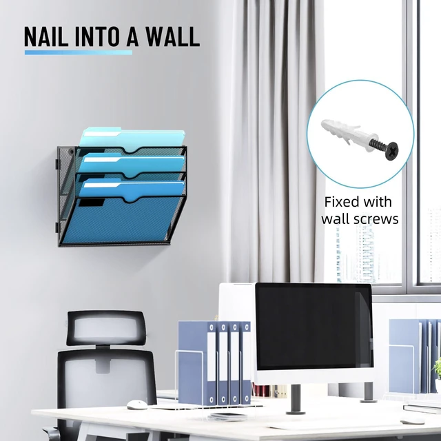 Alt view image 5 of 7 - 3-Tier Hanging Wall File Organizer with Hooks for Office Organization Mesh Wall File Holder, Mail Organizer Wall Mounted for Papers, Documents, Folders and Magazines in Home Office, Classroom