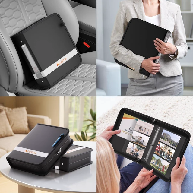 Alt view image 6 of 7 - 3 Ring Binder,Fireproof 2 Inch D Ring Binder with Zipper,Holds 500 Sheets,Non-Stick,PVC-Free,Compatible with Clear Sheet Protectors,Portable School Office Home Safe Storage for Paper,Black