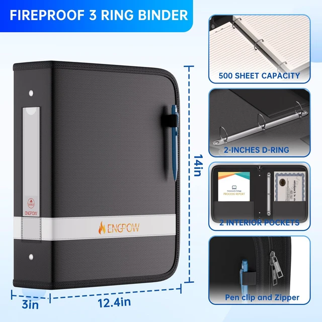 Alt view image 4 of 7 - 3 Ring Binder,Fireproof 2 Inch D Ring Binder with Zipper,Holds 500 Sheets,Non-Stick,PVC-Free,Compatible with Clear Sheet Protectors,Portable School Office Home Safe Storage for Paper,Black