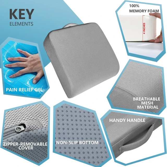 Alt view image 4 of 7 - Extra Thick Large Seat Cushion, Gel Memory Foam Cushion with Carry Handle Non Slip Bottom, Pain Relief Coccyx Cushion for Wheelchair Office Chair (Gray, 19" x 17.5" x 4")