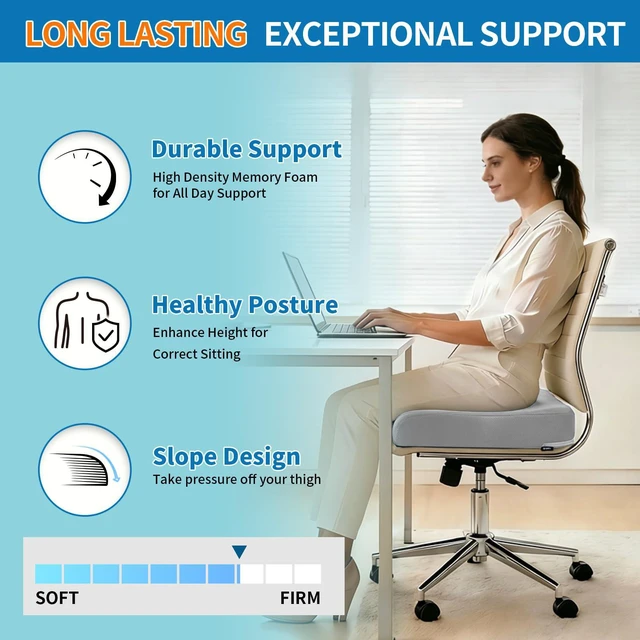 Alt view image 5 of 7 - Extra Thick Large Seat Cushion, Gel Memory Foam Cushion with Carry Handle Non Slip Bottom, Pain Relief Coccyx Cushion for Wheelchair Office Chair (Gray, 19" x 17.5" x 4")