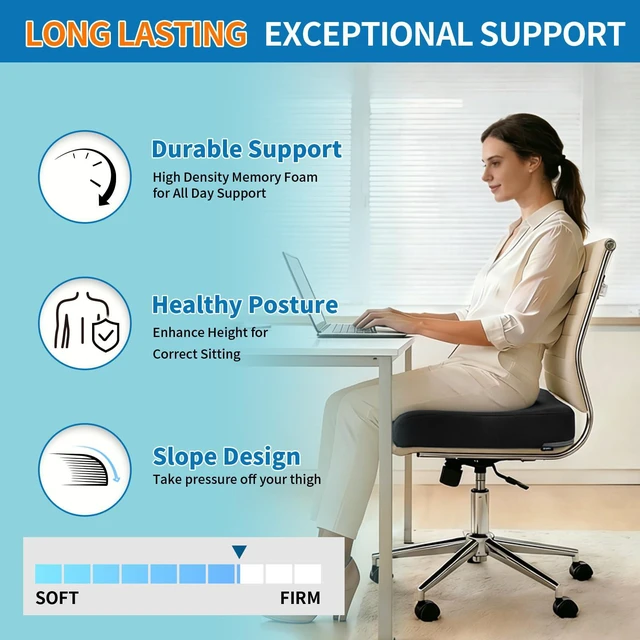 Alt view image 5 of 7 - Extra Thick Large Seat Cushion, Gel Memory Foam Cushion with Carry Handle Non Slip Bottom, Pain Relief Coccyx Cushion for Wheelchair Office Chair (Black, 19" x 17.5" x 4")