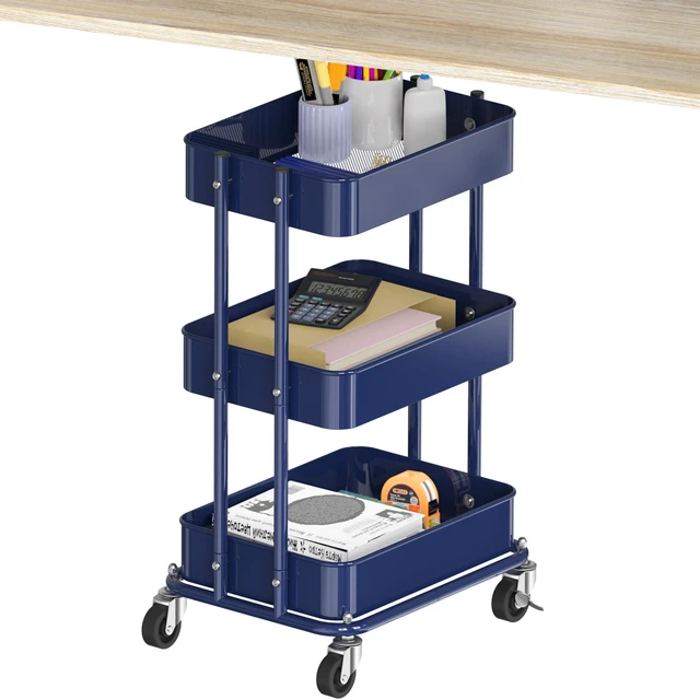 Main image of 3-Tier Utility Cart, Low 24" Height Fits Under Desk, Navy Compact & Lower Height Great for Under-Desk Space-Saving Storage for Home Office, Dining Room, or Kitchen