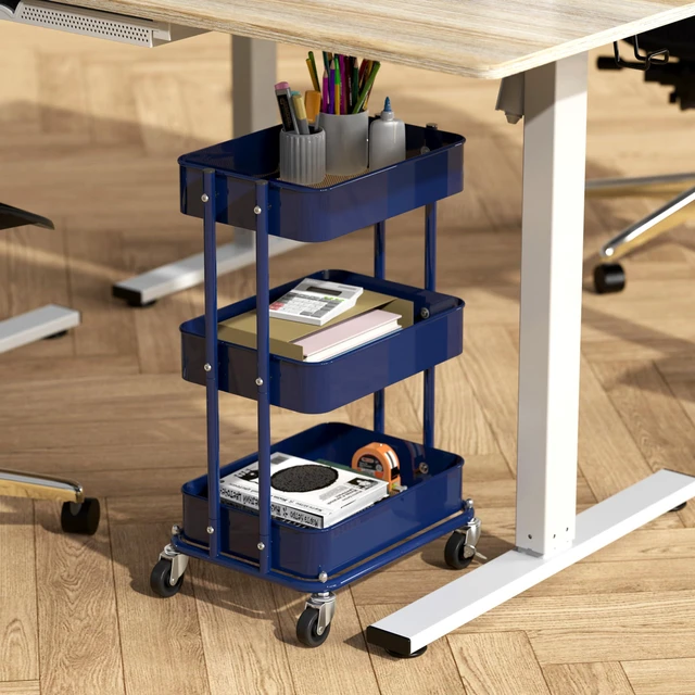 Alt view image 2 of 7 - 3-Tier Utility Cart, Low 24" Height Fits Under Desk, Navy Compact & Lower Height Great for Under-Desk Space-Saving Storage for Home Office, Dining Room, or Kitchen