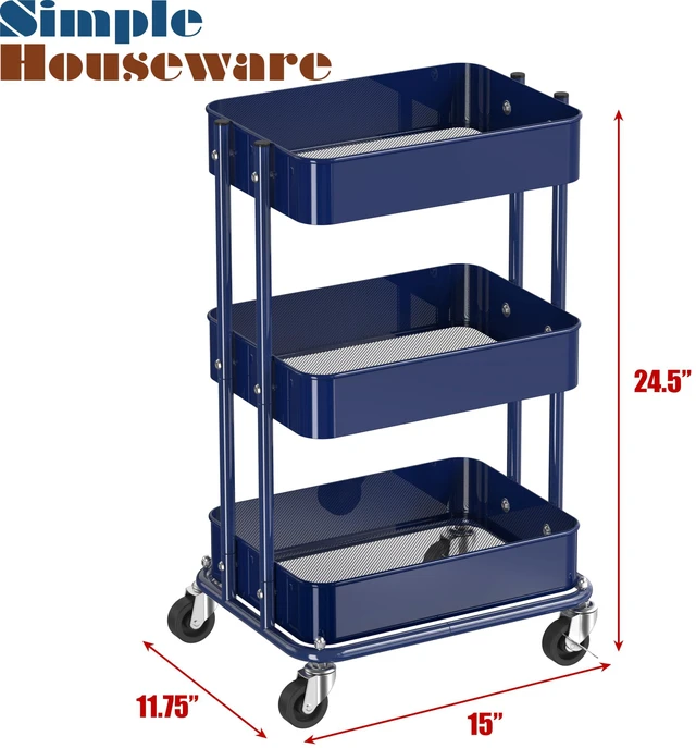 Alt view image 3 of 7 - 3-Tier Utility Cart, Low 24" Height Fits Under Desk, Navy Compact & Lower Height Great for Under-Desk Space-Saving Storage for Home Office, Dining Room, or Kitchen
