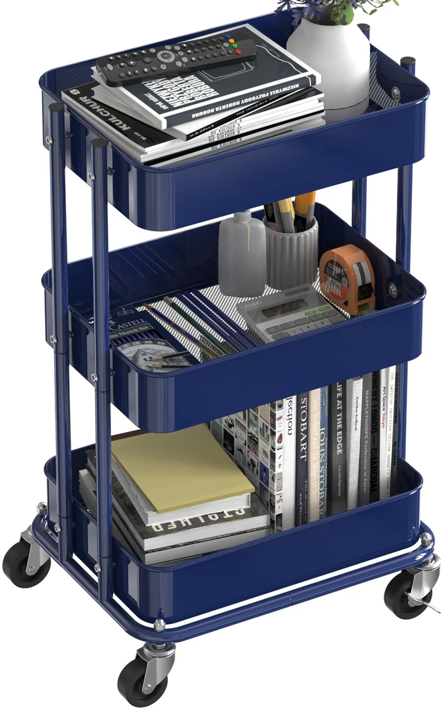 Alt view image 4 of 7 - 3-Tier Utility Cart, Low 24" Height Fits Under Desk, Navy Compact & Lower Height Great for Under-Desk Space-Saving Storage for Home Office, Dining Room, or Kitchen