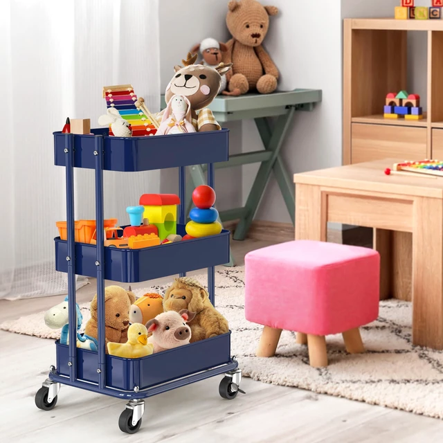 Alt view image 5 of 7 - 3-Tier Utility Cart, Low 24" Height Fits Under Desk, Navy Compact & Lower Height Great for Under-Desk Space-Saving Storage for Home Office, Dining Room, or Kitchen