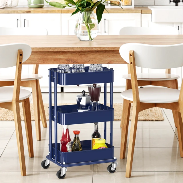Alt view image 6 of 7 - 3-Tier Utility Cart, Low 24" Height Fits Under Desk, Navy Compact & Lower Height Great for Under-Desk Space-Saving Storage for Home Office, Dining Room, or Kitchen