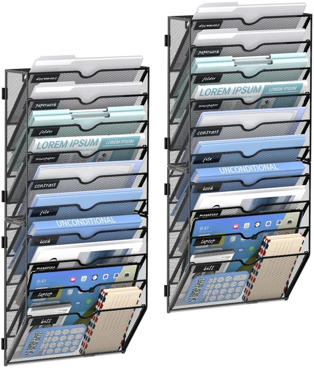 Main image of 10-Tier Wall File Organizer and Hanging File Organizer, Black, 2Pack Wall Organizer and Wall Mounted File Holder with 10 Pockets and Label Panels for Files, Mail, Folders, Magazines and Paper