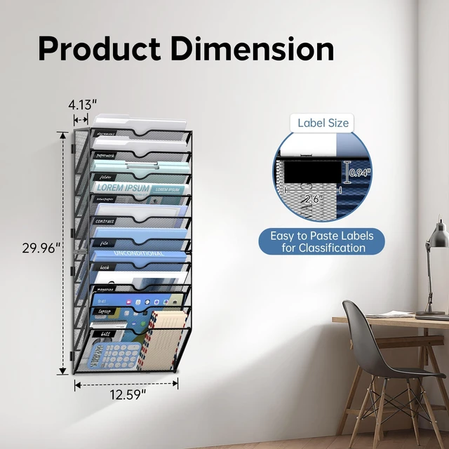 Alt view image 2 of 7 - 10-Tier Wall File Organizer and Hanging File Organizer, Black, 2Pack Wall Organizer and Wall Mounted File Holder with 10 Pockets and Label Panels for Files, Mail, Folders, Magazines and Paper