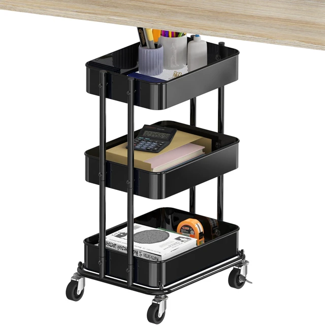 Main image of 3-Tier Utility Cart, Low 24" Height Fits Under Desk, Black Compact & Lower Height Great for Under-Desk Space-Saving Storage for Home Office, Dining Room, or Kitchen