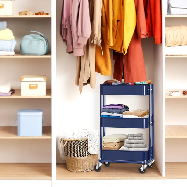 Alt view image 7 of 7 - 3-Tier Utility Cart, Low 24" Height Fits Under Desk, Navy Compact & Lower Height Great for Under-Desk Space-Saving Storage for Home Office, Dining Room, or Kitchen