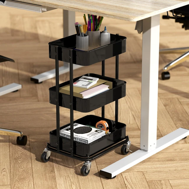 Alt view image 2 of 7 - 3-Tier Utility Cart, Low 24" Height Fits Under Desk, Black Compact & Lower Height Great for Under-Desk Space-Saving Storage for Home Office, Dining Room, or Kitchen