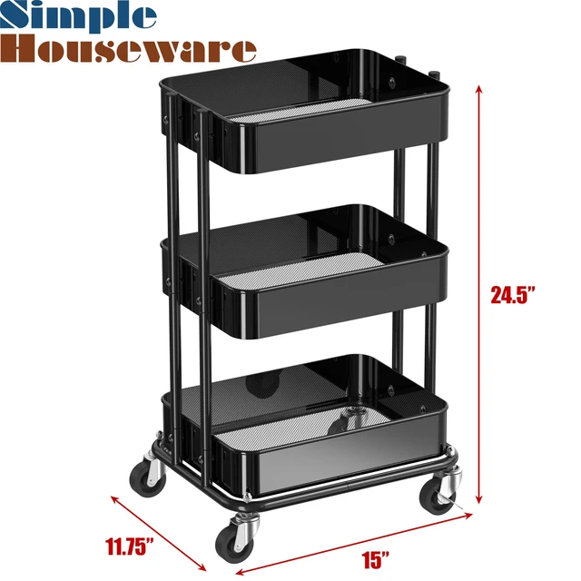 Alt view image 3 of 7 - 3-Tier Utility Cart, Low 24" Height Fits Under Desk, Black Compact & Lower Height Great for Under-Desk Space-Saving Storage for Home Office, Dining Room, or Kitchen