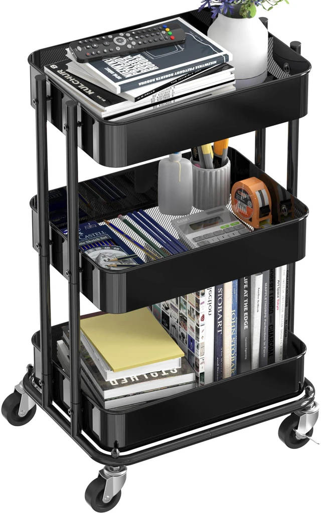Alt view image 4 of 7 - 3-Tier Utility Cart, Low 24" Height Fits Under Desk, Black Compact & Lower Height Great for Under-Desk Space-Saving Storage for Home Office, Dining Room, or Kitchen