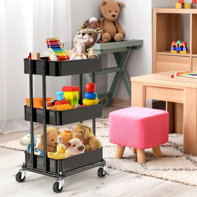Alt view image 5 of 7 - 3-Tier Utility Cart, Low 24" Height Fits Under Desk, Black Compact & Lower Height Great for Under-Desk Space-Saving Storage for Home Office, Dining Room, or Kitchen