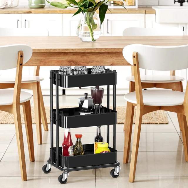 Alt view image 6 of 7 - 3-Tier Utility Cart, Low 24" Height Fits Under Desk, Black Compact & Lower Height Great for Under-Desk Space-Saving Storage for Home Office, Dining Room, or Kitchen