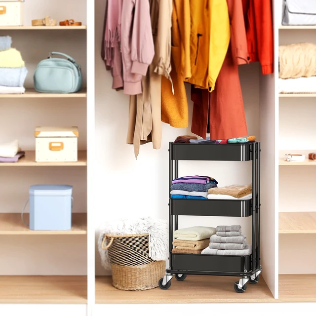 Alt view image 7 of 7 - 3-Tier Utility Cart, Low 24" Height Fits Under Desk, Black Compact & Lower Height Great for Under-Desk Space-Saving Storage for Home Office, Dining Room, or Kitchen