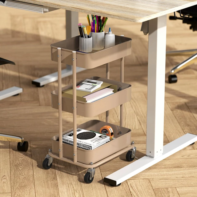 Alt view image 2 of 7 - 3-Tier Utility Cart, Low 24" Height Fits Under Desk, Khaki Compact & Lower Height Great for Under-Desk Space-Saving Storage for Home Office, Dining Room, or Kitchen