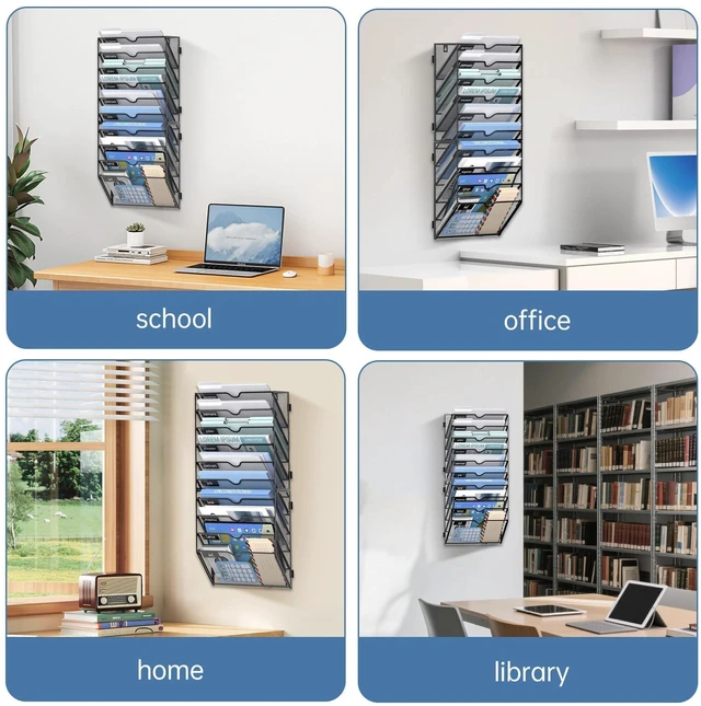 Alt view image 3 of 7 - 10-Tier Wall File Organizer and Hanging File Organizer, Black, 2Pack Wall Organizer and Wall Mounted File Holder with 10 Pockets and Label Panels for Files, Mail, Folders, Magazines and Paper