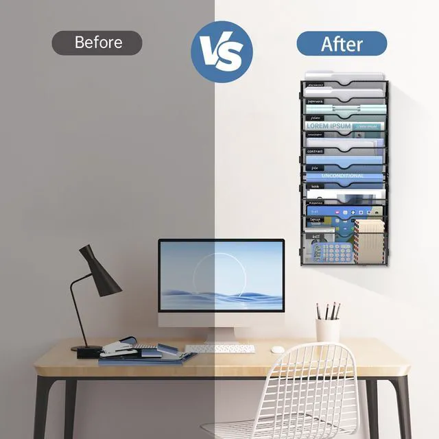 Alt view image 5 of 7 - 10-Tier Wall File Organizer and Hanging File Organizer, Black, 2Pack Wall Organizer and Wall Mounted File Holder with 10 Pockets and Label Panels for Files, Mail, Folders, Magazines and Paper