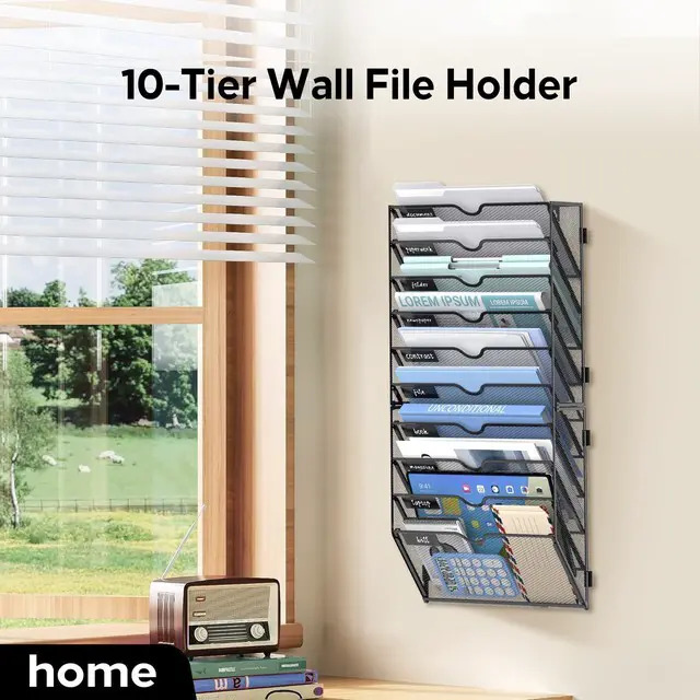 Alt view image 6 of 7 - 10-Tier Wall File Organizer and Hanging File Organizer, Black, 2Pack Wall Organizer and Wall Mounted File Holder with 10 Pockets and Label Panels for Files, Mail, Folders, Magazines and Paper